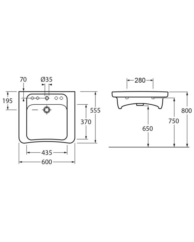 Hjälpmedel - tvättställ 5G7860 - bultmontage 60 cm - Rullstolsanpassad med grund bassäng
Insvängd, ergonomisk framkant gör det lätt att komma tätt intill
Slät undersida med griplist & benutrymme