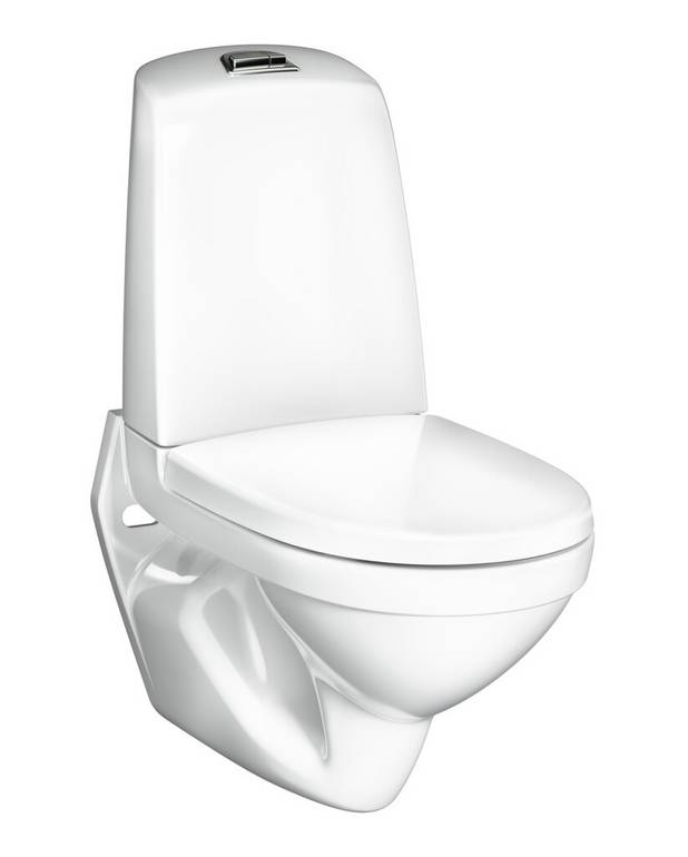 Seinä-WC Nautic 1522 - huuhtelusäiliöllä, Hygienic Flush - Hygienic Flush -ominaisuus avoimella huuhtelukauluksella helpottaa puhtaanapitoa
Säiliön ja seinän välissä tilaa puhdistuksen helpottamiseksi
Ceramicplus: puhdista nopeasti & ekologisesti
