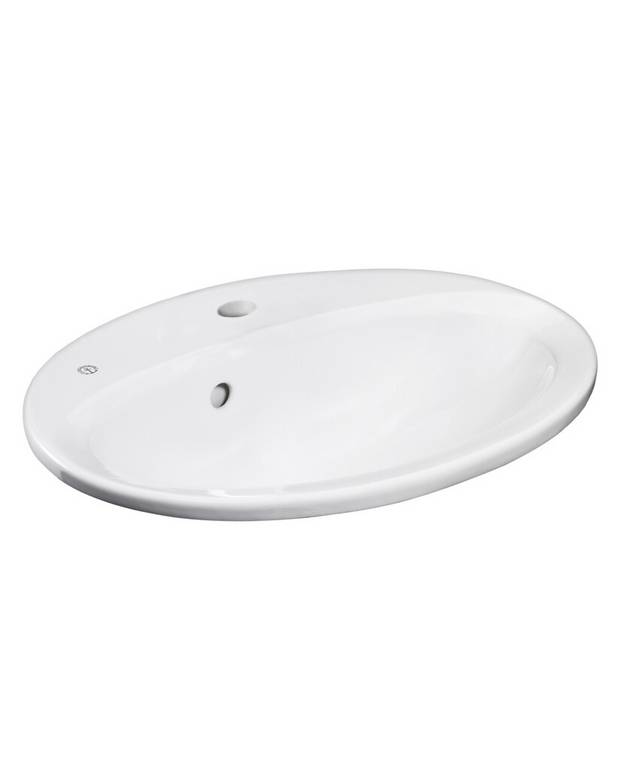Oval håndvask til nedfældning, med hanehul og overløb - Fremstillet i hygiejnisk, holdbart og tætsintret sanitetsporcelæn
Til nedfældning. Monteres oppefra i en bordplade med udskåret hul