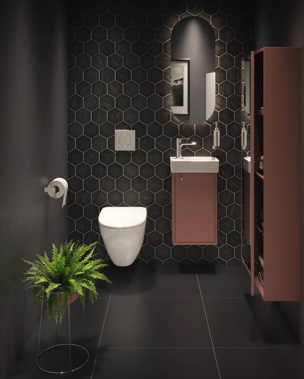 All-in-One – ietver Triomont XS iebūvējamo rāmi, Nautic 1530 piekaramo tualetes podu un skalošanas taustiņu - Lakoniska dizaina konstrukcija ar minimāli redzamiem cauruļvadiem
Nautic tualete pods ar Hygienic Flush funkciju, lēni aizveramu poda vāku un apslēptu stiprinājumu
Skalošanas taustiņš ar duālās skalošanas funkciju