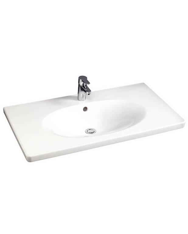Håndvask Nautic 5592 - til konsolmontering 92 cm - Rengøringsvenligt og minimalistisk design
Ellipseformet bassin og god afsætningsplads
Til montering på konsol eller Nautic møbler