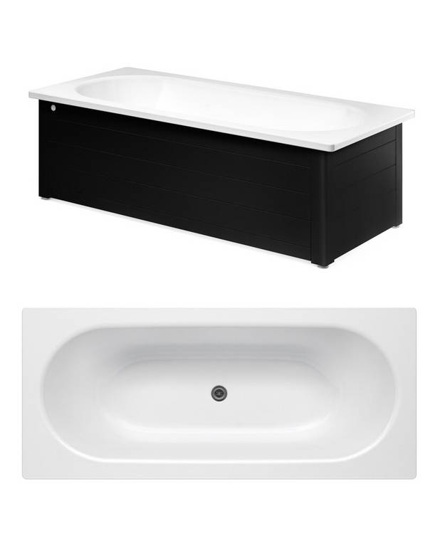 Bathtub with front panel, Duo – 1600 x 700 - Made of titanium steel and enamel, an extremely durable combination
Two sloping head ends, designed for two people
Adjustable feet for a stable tub – on uneven floors, too