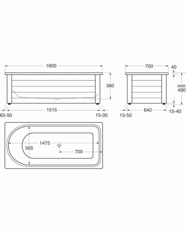 Bathtub without panels Combi - 1600x700 - Round head end for back and large shower space at foot end
Premium quality titanium alloy steel