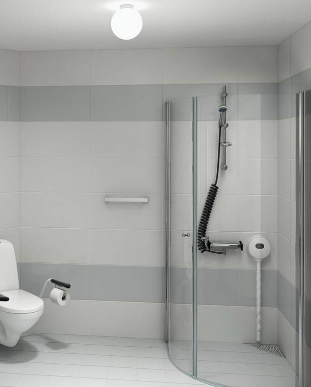Shower set Care - spiral hose - Drainage valve empties the water to minimise risk of legionella
Wall holder with adjustable c-c measurement
Attached with screws or glue