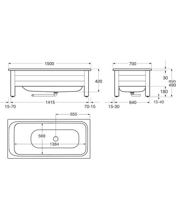 Bathtub with front panel, Combi – 1500 x 700 - Made of titanium steel and enamel, an extremely durable combination
With optimal space to stand and shower
Low step-in to make it easier to step in and out of the tub