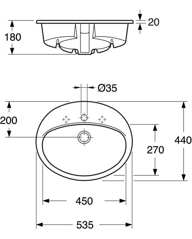 Oval modell for nedfelling - Enkelt å rengjøre og med minimalistisk design
For nedfelling i benkeplate eller møbel