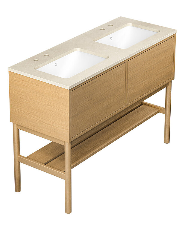Ducentic Vanity 120cm, Light oak - Created for the 200 year anniversary of Gustavsberg, celebrating the heritage of caftsmanship and design
Spacious drawer interior without the need for a cut-out for the water trap, creating more space for storage
Soft-closing drawer with full extension provide a complete overview of all things