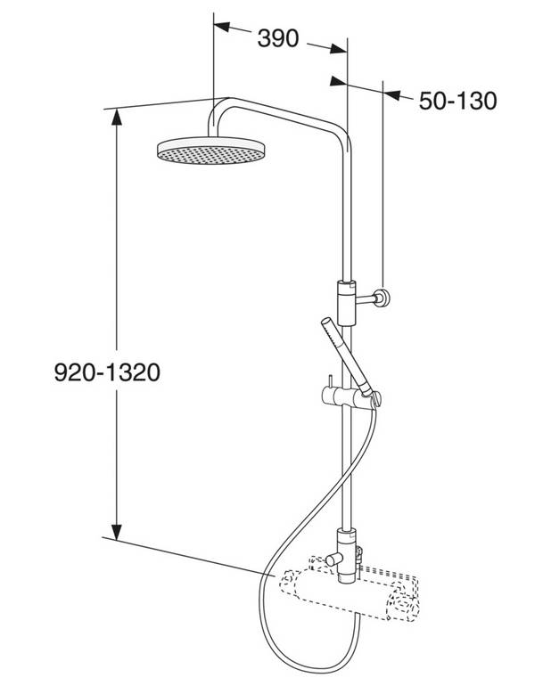 Dušas komplekts G2 - Organiska dizaina dušas komplekts
Teleskopisks, ar regulējamu augstumu
Fiksēta griestu duša ar bīdāmu rokas dušas sistēmu
