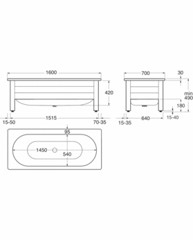 Bathtub with front panel, Duo – 1600 x 700