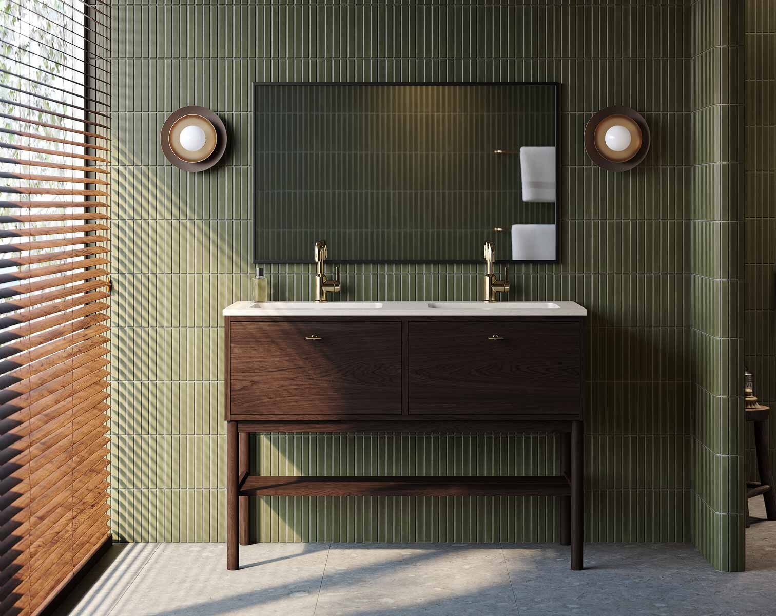 Ducentic vannas istabas mēbele tumša ozola ar dubultiem misiņa maisītājiem novietota zaļā vannas istabā
