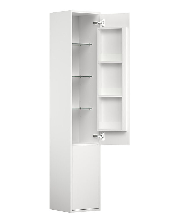 Aukšta spintelė „Artic“ – 30 cm - Keičiamos atidarymo krypties durelės, montuojamos dešinėje arba kairėje
Su išmaniąja dėtuve viršutinėse durelėse
Lengvai ir greitai ant sienos montuojama montavimo sistema ir patogiai reguliuojama reikiamai padėčiai nustatyti