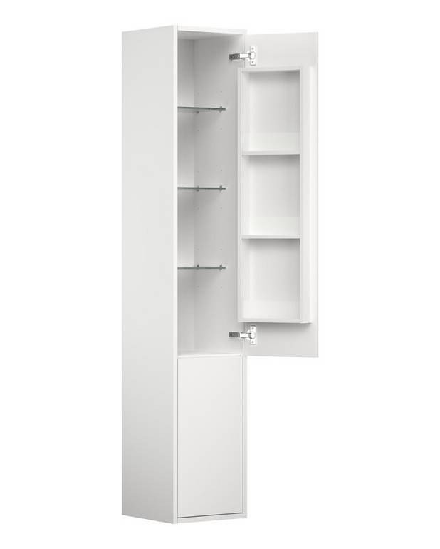 Tall cabinet Artic - 30 cm - Reversible doors for right or left mounting
With smart storage in the upper door
Mounting system that is easily and quickly mounted on a wall and easily adjusted to the correct position