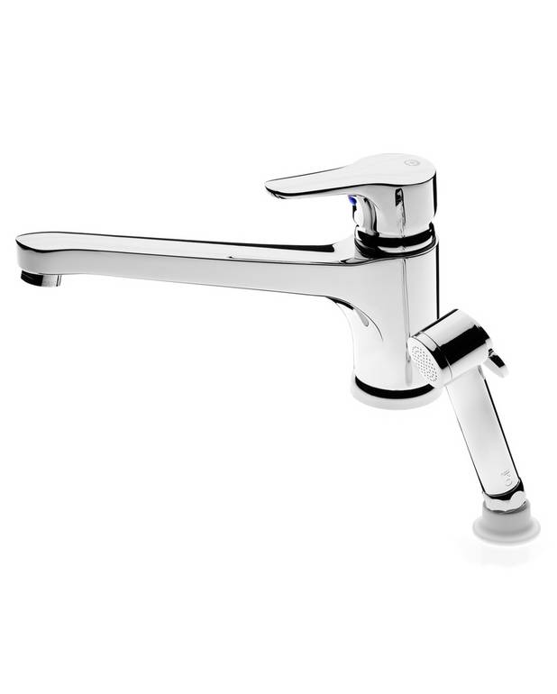 Kitchen mixer Nautic - low cast spout - Energy class B, saves energy and water 
Adjustable comfort flow and comfort temperature
Pivoting spout 110°