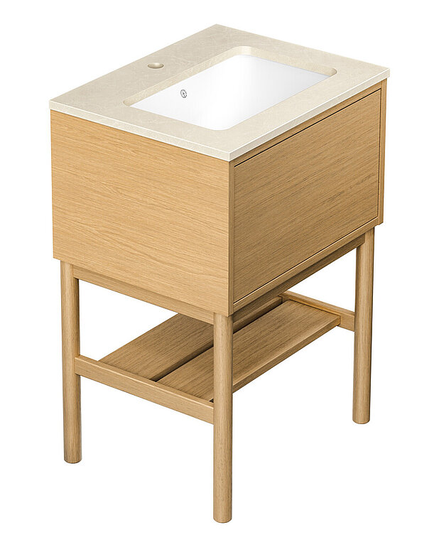 Ducentic servantskap, 60 cm, lys eik - Utviklet i forbindelse med Gustavsbergs 200-årsjubileum, og feirer arven med håndverk og design
Romslig skuffinnredning uten behov for utskjæring til vannlås, noe som skaper mer plass til oppbevaring
Skuff med «Soft Close» og fullt uttrekk som gir deg god innsikt i hva som er i skuffen