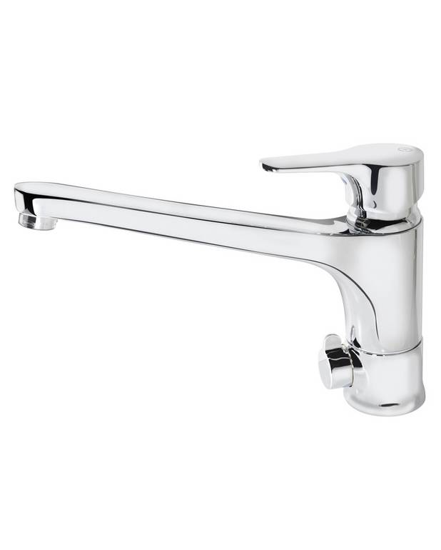 Kitchen mixer Nautic - low cast spout - Energy class B, saves energy and water 
Adjustable comfort flow and comfort temperature
Outlet for table-top dishwasher in rear