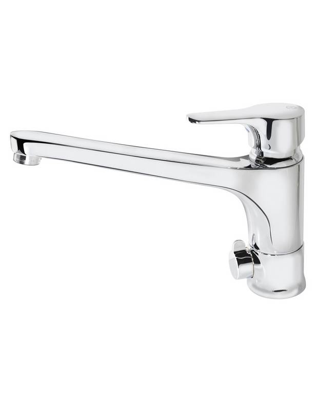 Kitchen mixer Nautic - low cast spout - Energy class B, saves energy and water 
Adjustable comfort flow and comfort temperature
Outlet for table-top dishwasher in rear