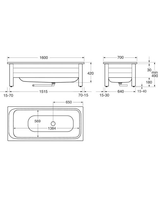 Bathtub with front panel, Combi – 1600 x 700 - Made of titanium steel and enamel, an extremely durable combination
With optimal space to stand and shower
Low step-in to make it easier to step in and out of the tub