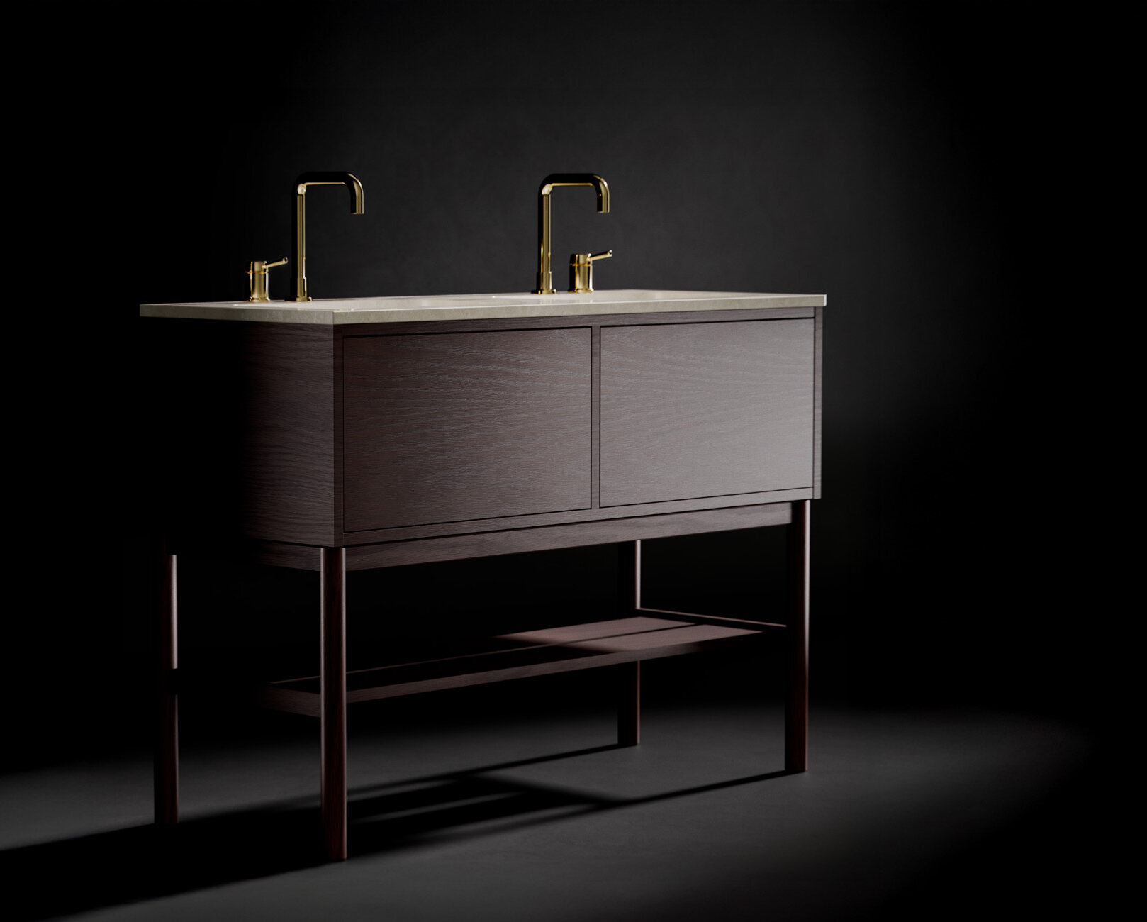 Ducentic bathroom series. A dark wood double sink vanity with brass mixers embodies Scandinavian design against a black background. It features two cabinet doors, a lower shelf, and smart bathroom innovations in its modern and minimalist aesthetic.