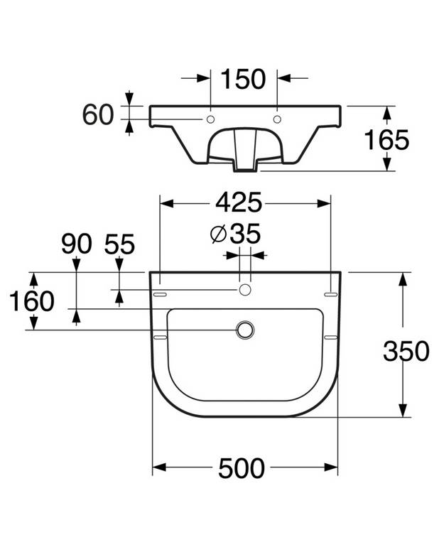 Håndvask 860-3 - til bolt-/konsolmontering 50 cm - Specialdesignede rørkonsoller
Til montering med bolte eller konsol