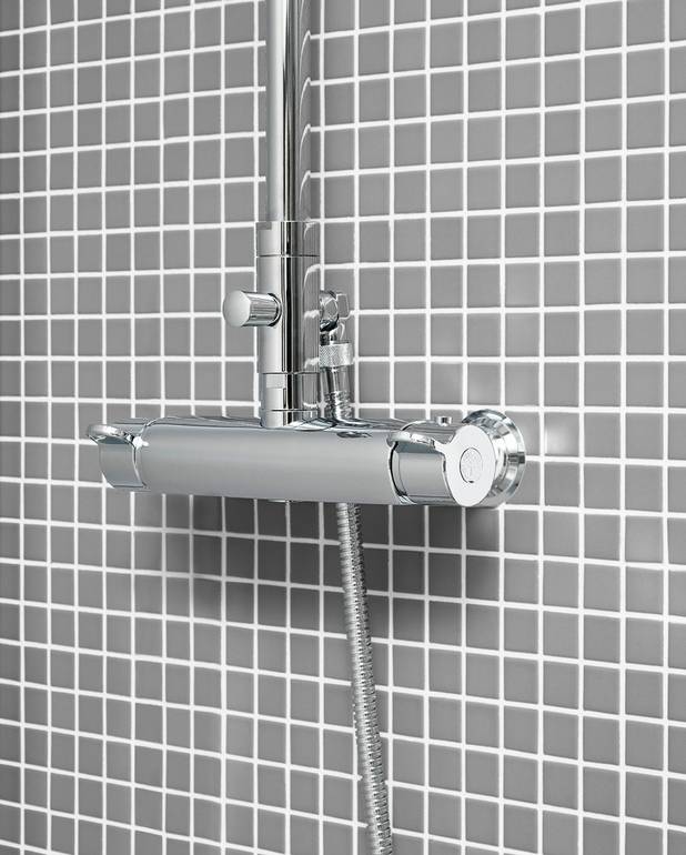 Shower mixer Nordic³ - thermostat - Safe Tough reduces the heat on the front of the mixer
Maintains even water temperature upon pressure and temperature changes
Built-in automatic hot water block