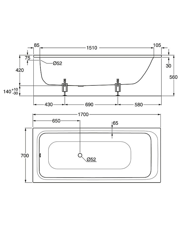 Upotettava amme 3411 - 1700x700 mm - Mittapiirros - 3411.jpg