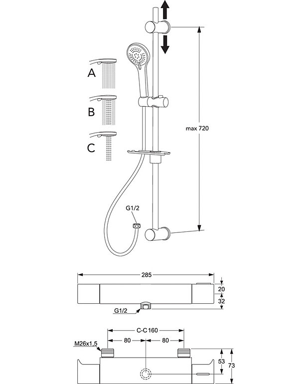 Dušikomplekt Atlantic 2.1 – termostaat - Complete with energy class A shower set
Maintains even water temperature during pressure and temperature changes
Contains less than 0.1% lead