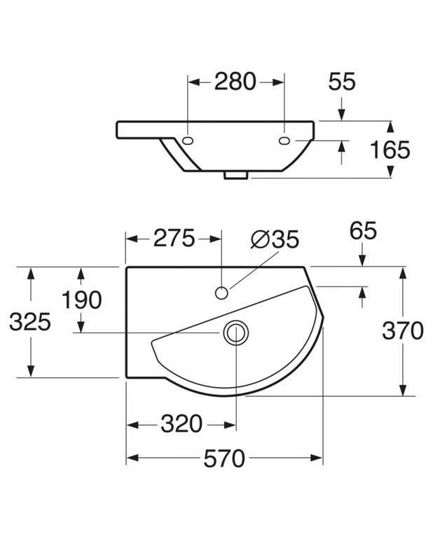 Valamu Logic 5198 - poltkinnituseks, nurka 57 cm - Laiad kasutuspinnad ja ruumikas kauss
Nurgavalamu, mis säästab ruumi
Ceramicplus: kiire ja keskkonnasõbralik puhastus