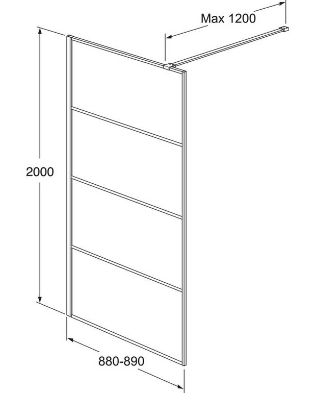 SQUARE-væg til brusekabine - Sort mat anodiseret aluminium med alle synlige detaljer i sort
Rammer på ydersiden af glasset for at undgå smudsdannelse
Fås i størrelser op til 140 cm