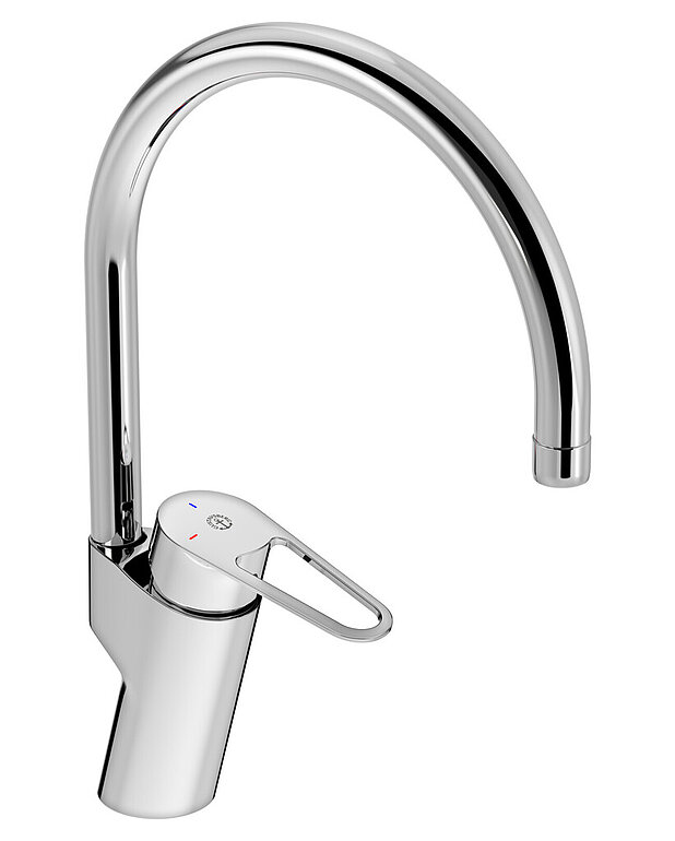 Kitchen mixer New Nautic - high Spout - Contains less than 0.1% lead 
Energy Class A
Cold-start, only cold water when the lever is in straight forward position
