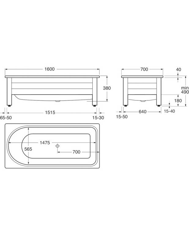 Bathtub with front panel, Combi – 1600 x 700 - Made of titanium steel and enamel, an extremely durable combination
Rounded head end to support the back, and large shower space at the foot end
Adjustable feet for a stable tub – on uneven floors, too