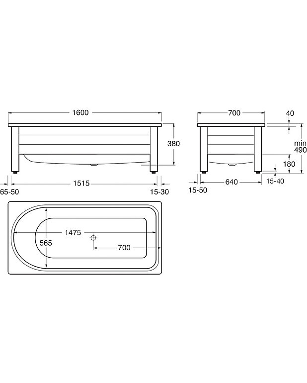 Bathtub with front panel, Combi – 1600 x 700 - Drawing - 1607_6416.jpg