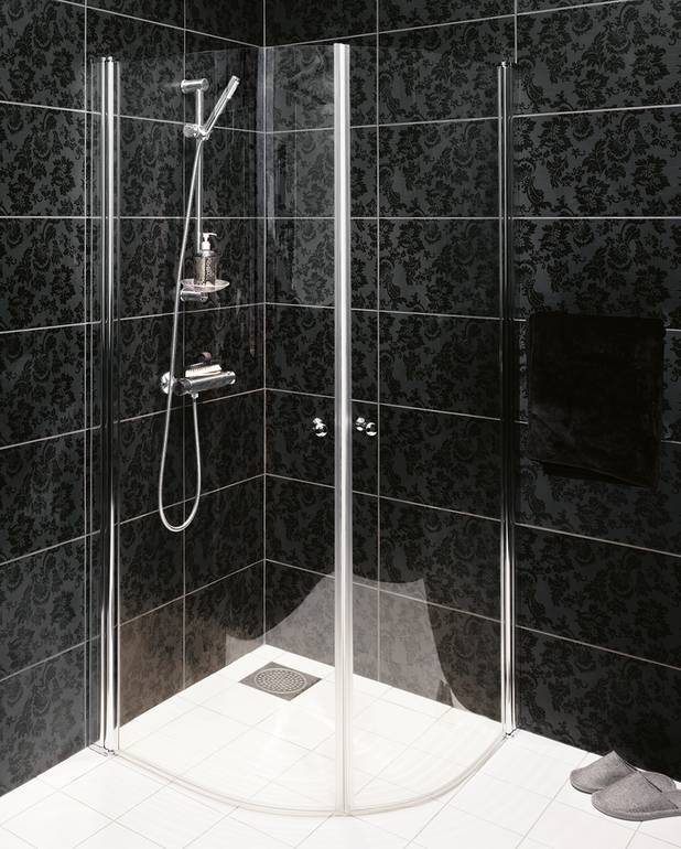 SQ dusjvegg med forkrommede profiler - Herdet sikkerhetsglass av høyeste kvalitet
Clear-glass sikrer rask og miljøvennlig rengjøring
Kan åpnes 180 grader, frigjør gulvplass på små bad