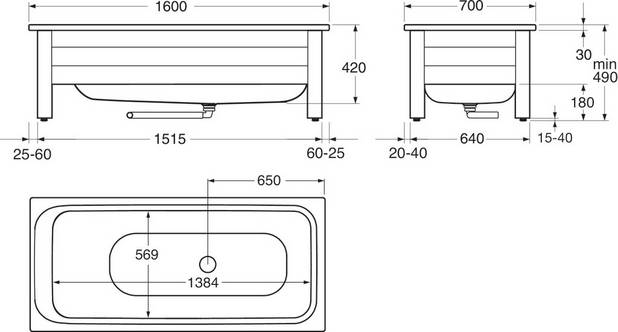 Kylpyammeen paneeli 6416 – 1600 × 700 - Toimitukseen sisältyy yksi pääty- ja yksi sivulevy
Jalkojen korkeutta voidaan säätää 25 mm
Tilaa putkivedoille