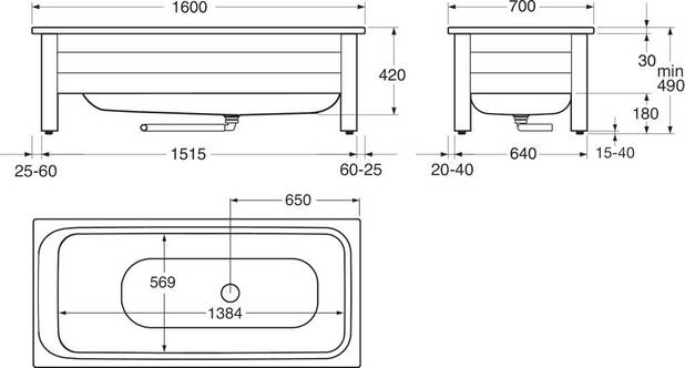 Badekarfront 6416 – 1600x700 - Leveres med én gavl og én front.
Fødderne kan justeres 25 mm i højden
Plads til rørføring