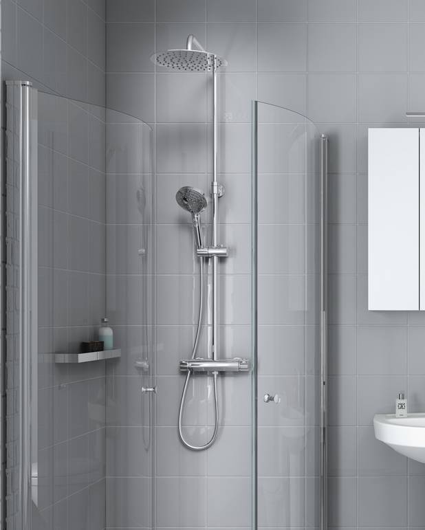 Shower column Skandic  Round - Super slim head shower with generous water flow
3-functional hand shower with a pushbutton
Mixer with smart features in a timeless design