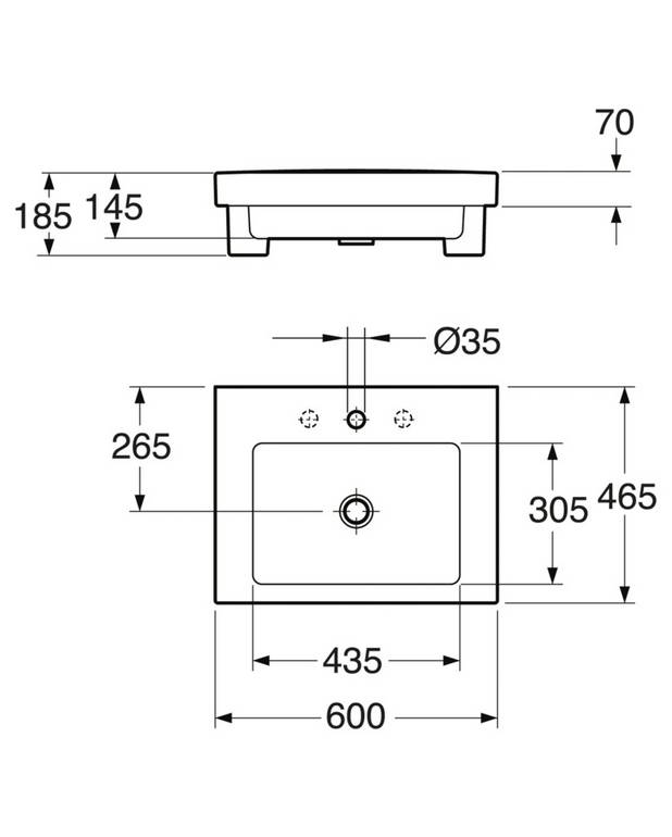 Tvättställ för bänkskiva Artic 4601 - 60 cm - Design med raka linjer och räta vinklar
För inbyggnad på bänkskiva eller möbel
Hygieniskt, hållbart sanitetsporslin