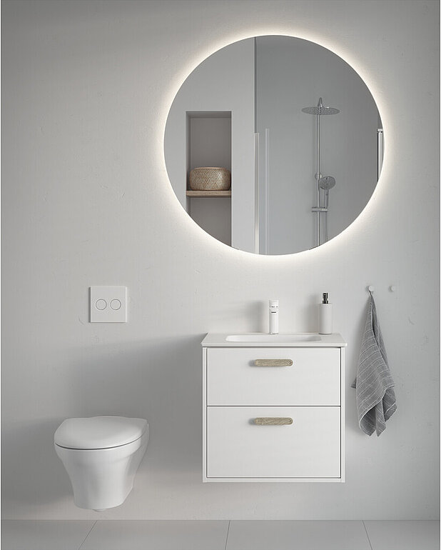 Artic smal Furniture servant - Passer til servantskap med innfelte fronter
Produsert i hygienisk, holdbart og tettsintret sanitærporselen
Mindre synlig plassering av overløpsavløp på forsiden
Kan også monteres med bolter på vegg uten møbel
