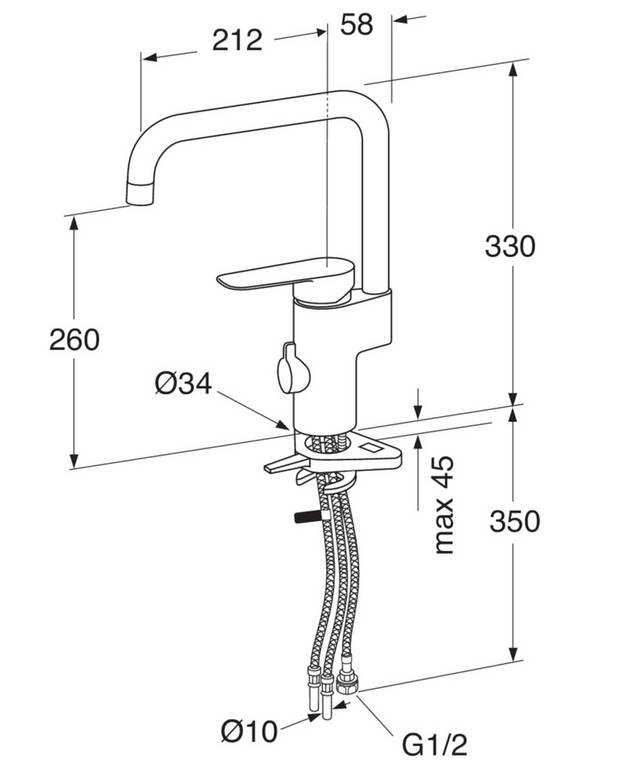 Kitchen mixer Atlantic - high spout - Pivoting spout 110° (0° and 60° block included)
ECO Flow adapted flow
Cold-start, only cold water when the lever is in straight forward position