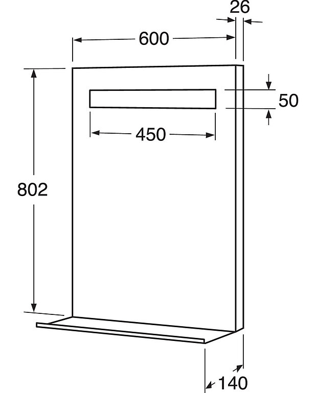 Kylpyhuoneen valaistu peili - 60cm - Mittapiirros - Gustavsberg_Mirror_with_shelf_600mm.jpg