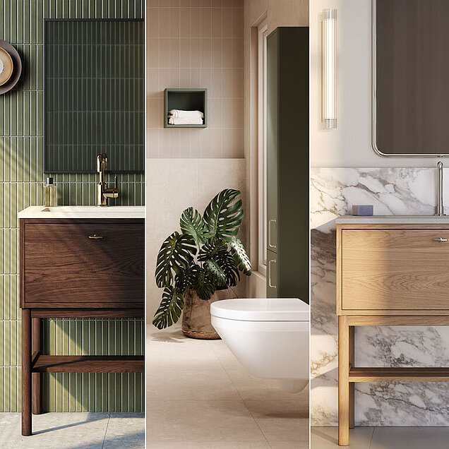 Collage av badrumsbilder - stilar anpassade för 2026 badrumstrender