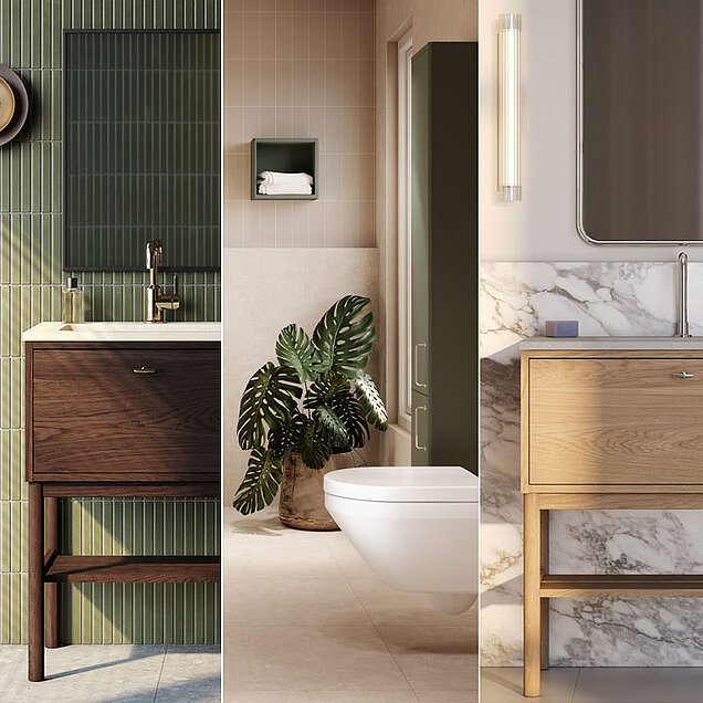 Collage av badrumsbilder - stilar anpassade för 2026 badrumstrender