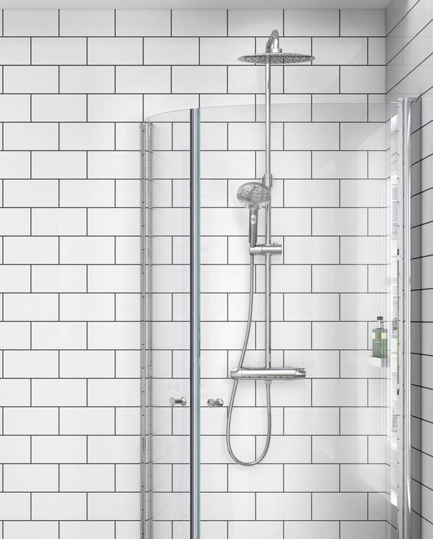  - Super slim head shower with generous water flow
3-functional hand shower with a pushbutton
A stylish mixer with grip-friendly handles in innovative design