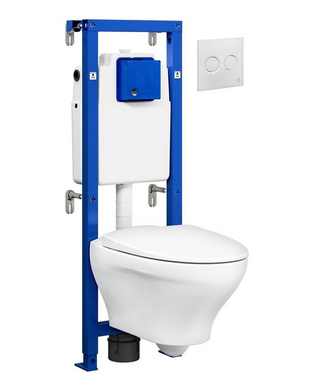  - Neat installation, with a minimum of visible pipes
Estetic toilet with soft close seat and hidden fixation
Pneumatic control panel with dual flush