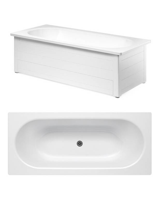 Bathtub with front panel, Duo – 1600 x 700 - Made of titanium steel and enamel, an extremely durable combination
Two sloping head ends, designed for two people
Adjustable feet for a stable tub – on uneven floors, too