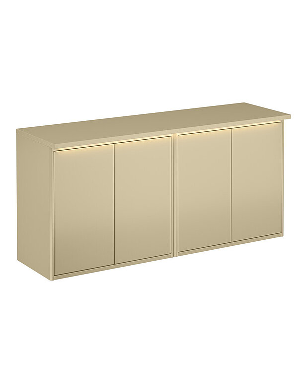 Top panel, Graphic – 120 cm - For fitting on 2 x Graphic wall cabinets, 16 cm deep
Integrated LED lighting that illuminates the inside of the cabinet when the doors are open, and provides decorative lighting of the doors when they are closed.
Material: moisture-resistant MDF, rated for bathrooms