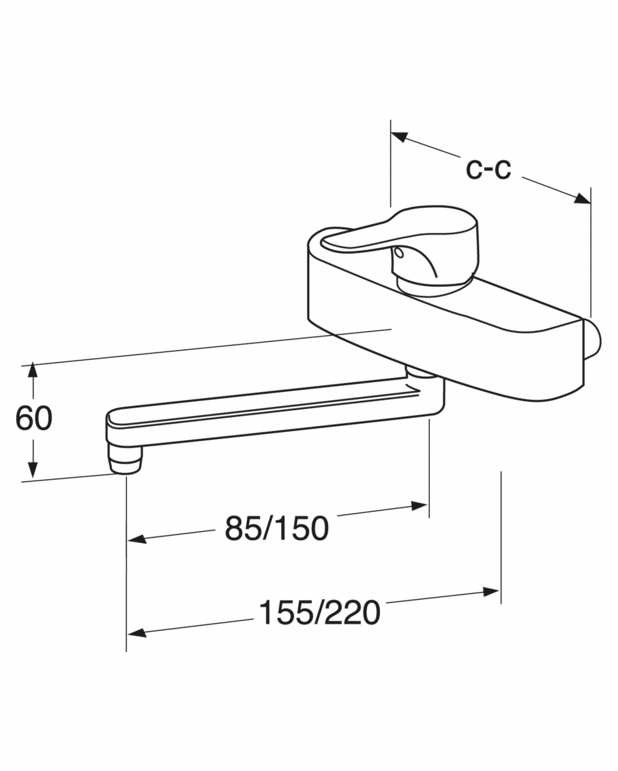 Bathroom sink faucet Nautic - wall mounted - Energy class B, saves energy and water 
Adjustable comfort flow and comfort temperature
Plugged connections for extra water outlets