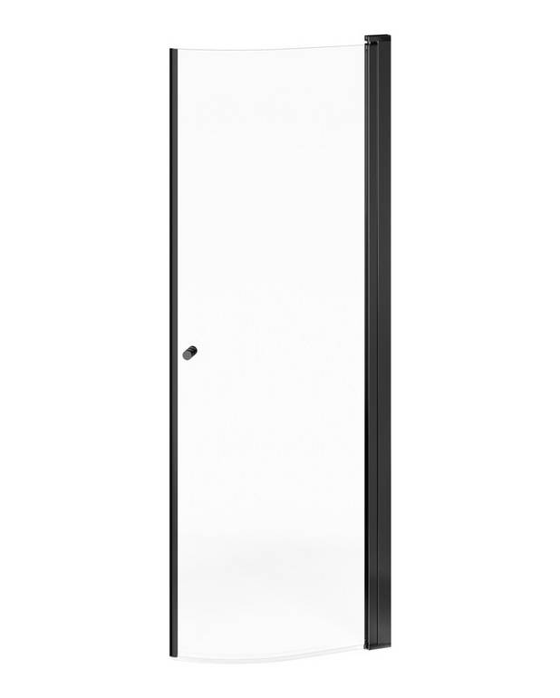 „Round“  dušo durys - Keičiama atidarymo kryptis – galima montuoti dešinėje arba kairėje
Uždėti durų profiliai – greitas ir paprastas montavimas
Matiniai juodi profiliai ir durų rankenos