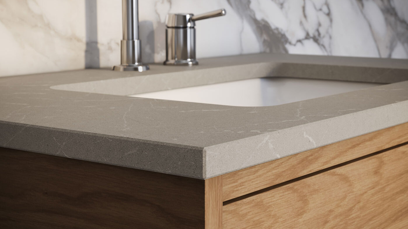 Zoomed-in bathroom furniture Ducentic in light oak and gray stone top