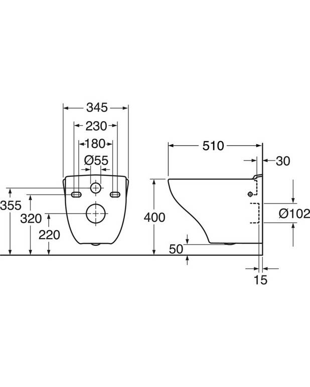 Piekaramais tualetes pods Nautic 1530 – Hygienic Flush - Slēpti stiprinājumi ar viegli tīrāmām virsmām
Elastīgs skrūvju attālums: 180/230 mm attālums
Atvērtā skalošana ar pilnu bļodas skalošanu
