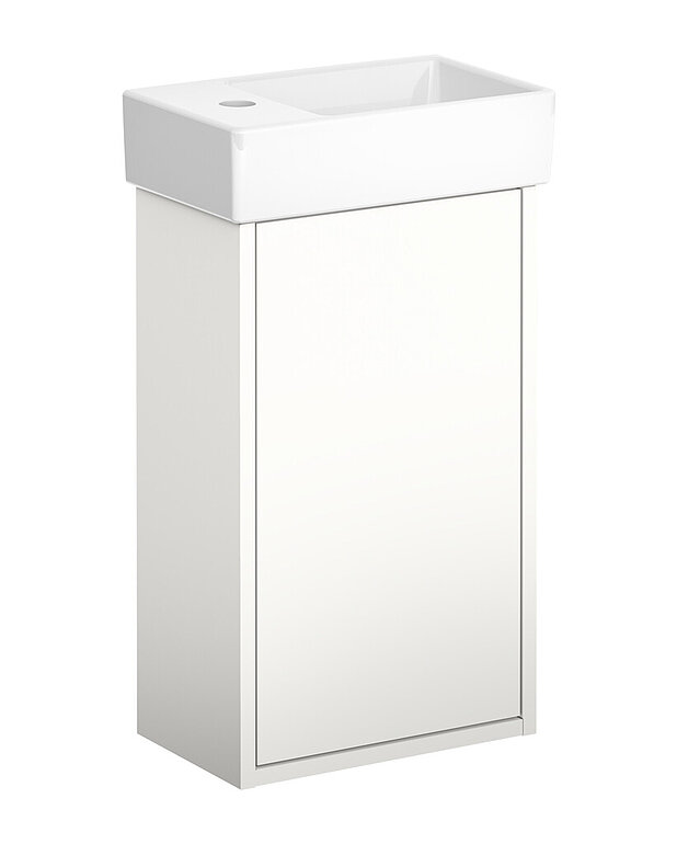 Undercabinet Artic Small - Wash basin made from hygienic, durable and densely sintered ceramic sanitary ware
Opening in cabinet for drain pipe towards the floor
Water drain and bottom valve not included. See accessories